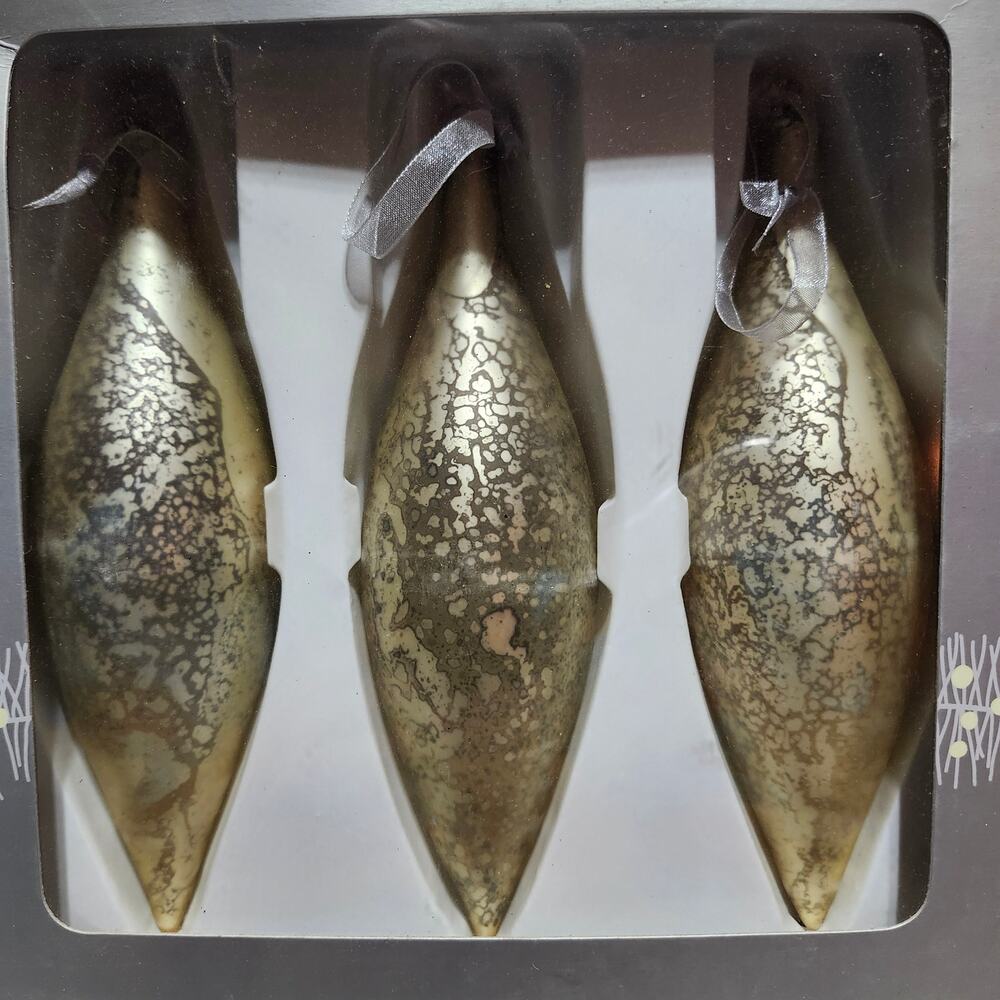 Dillard's Trimmings Glass Teardrop Christmas Ornaments Set of 3 Gold Silver Box